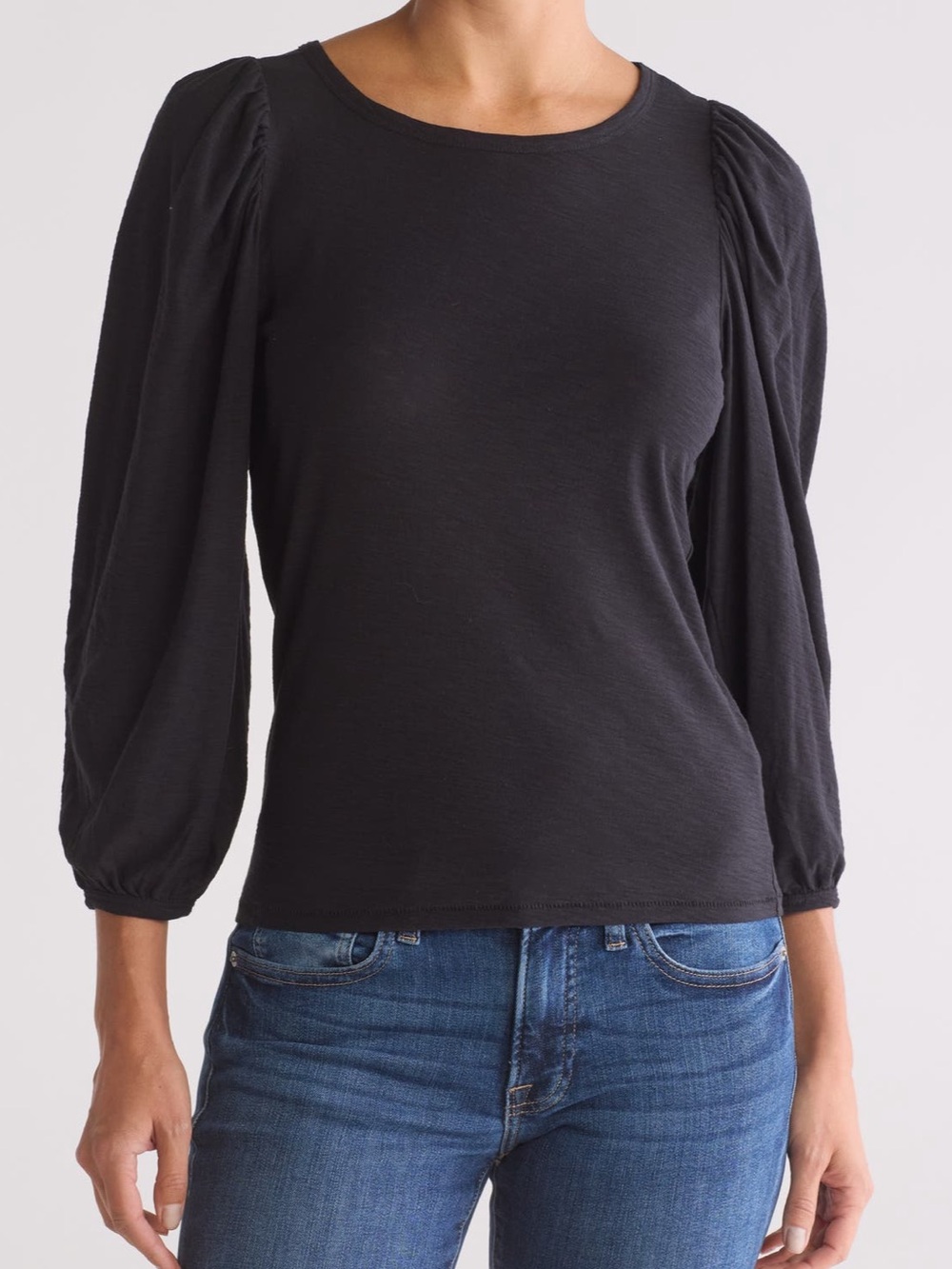 Nation LTD Cecilia Long Balloon Sleeve Pima Cotton Tee Black Jewel Neckline-M